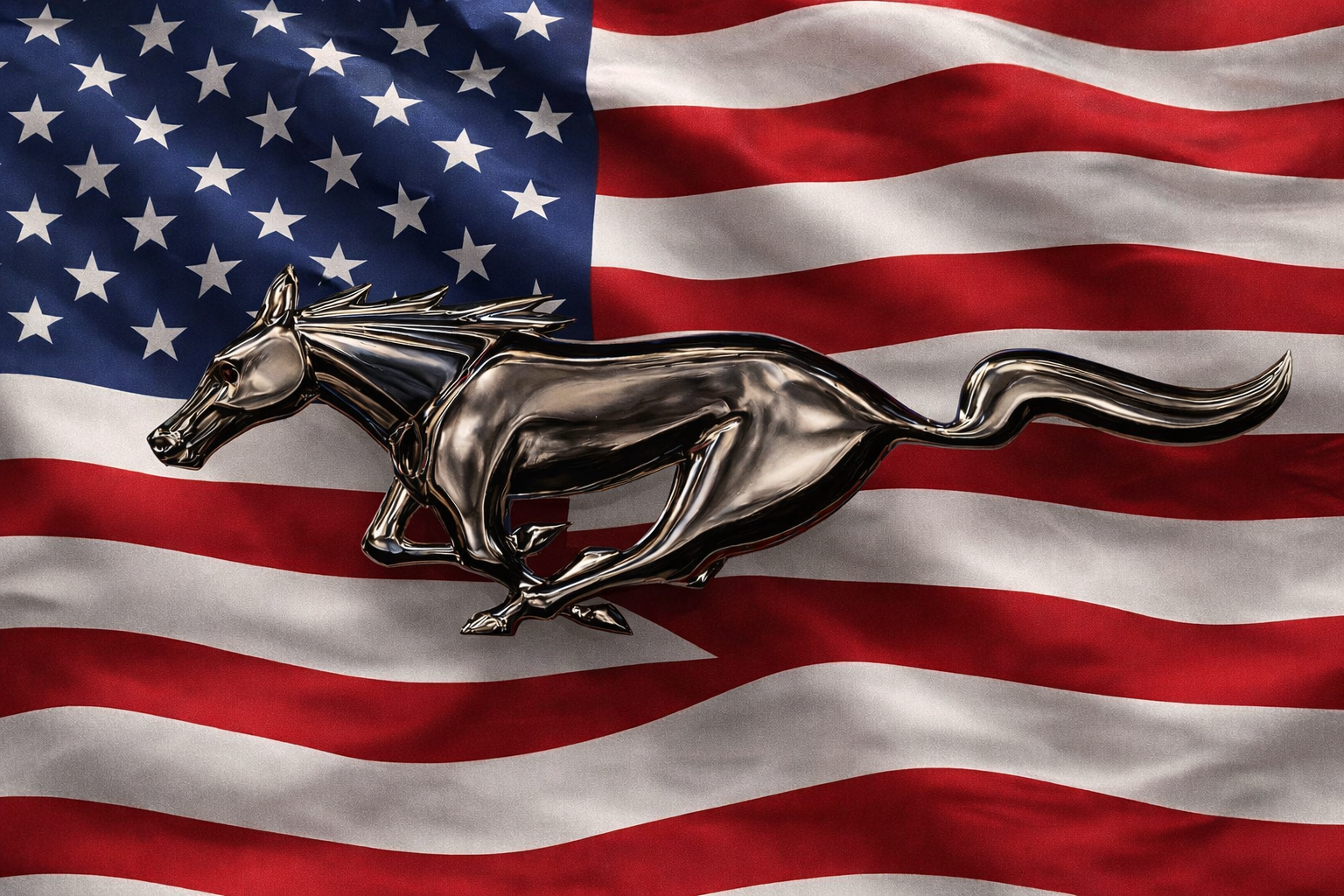 Chrome Mustang emblem on American flag — All American Car Show